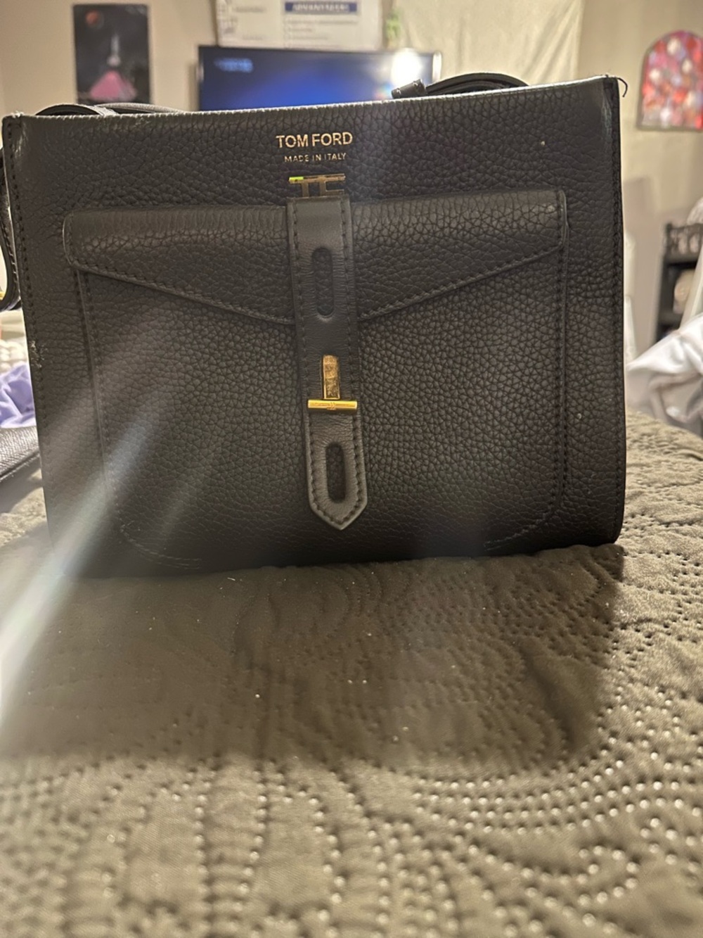 Tom Ford Black Pebbled Leather Crossbody Messenger with Gold Hardware